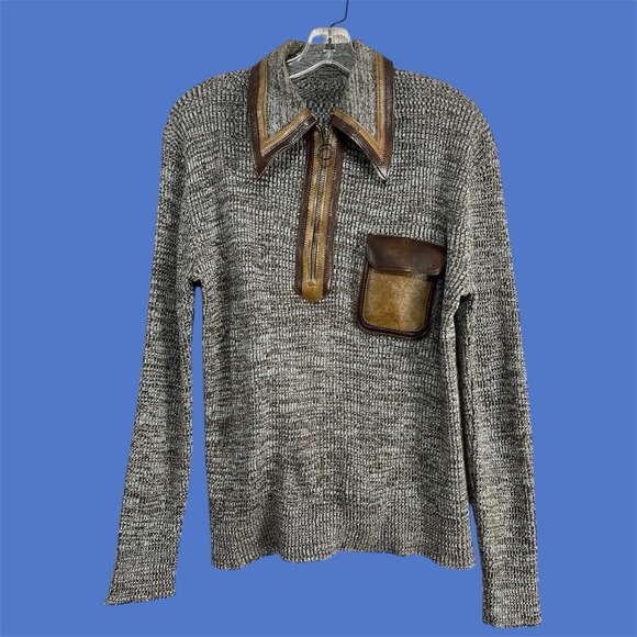 Vtg 70s‎ Knit Henley Sweater Faux Leather Trim Sz S Brown SNL Cowbell Sweater